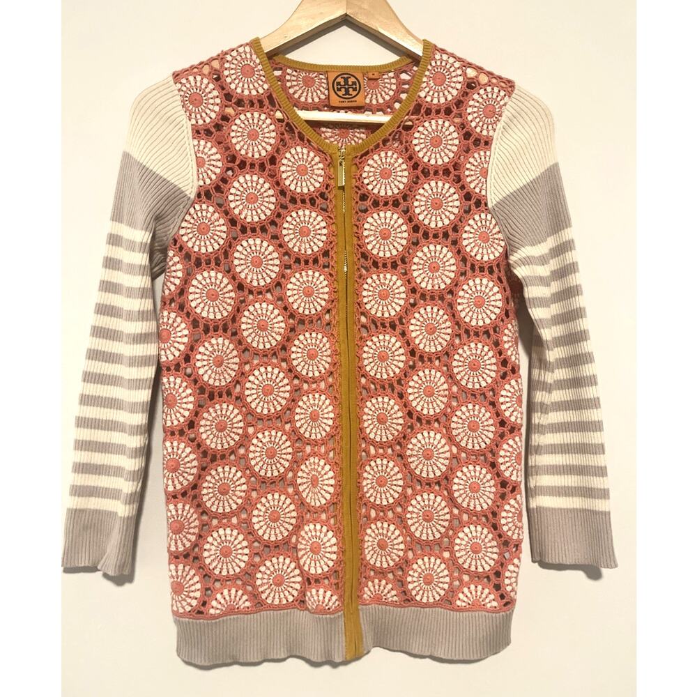 Tory Burch Crochet Floral Full Zip Cardigan Medium
